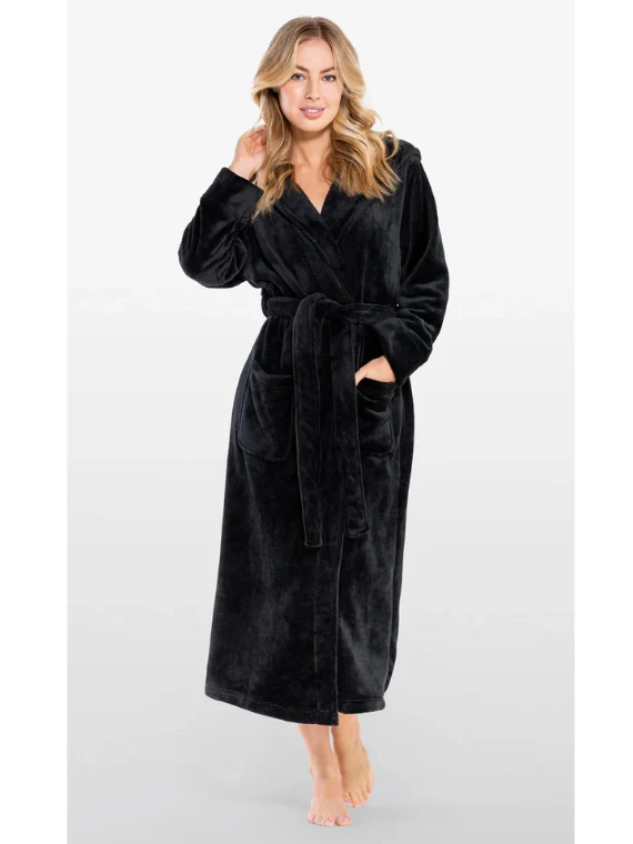 BLACK Unisex Soft Plush Fleece Hooded Bathrobe - Image 3