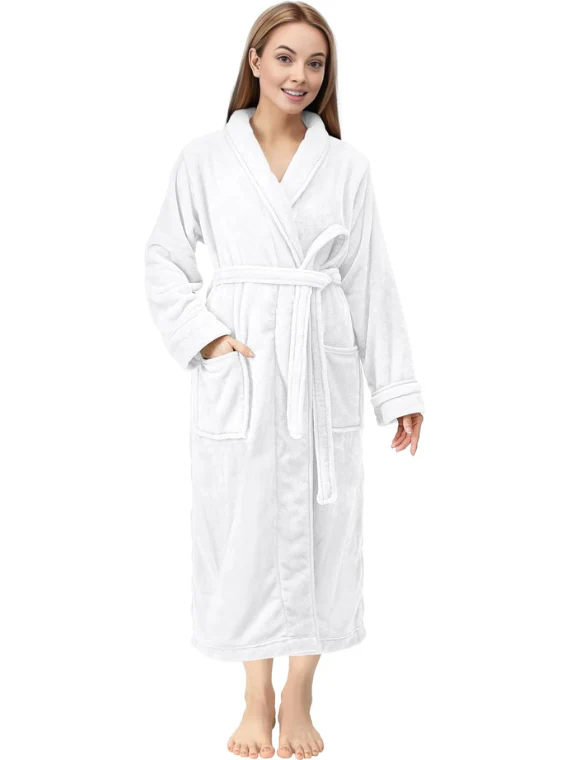 WHITE Unisex Soft Plush Fleece Hooded Bathrobe with slipper - Image 3